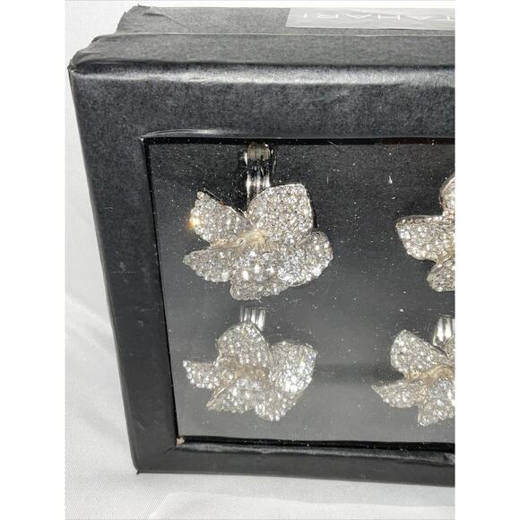 NEW TAHARI HOME RHINESTONE NAPKIN RING SET FLOWER Crystal Silver Jeweled - Picture 2 of 6